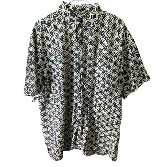 Excetera Mens Geometric 100% Silk Shirt M Short-Sleeve Beige & Green - Picture 1 of 3
